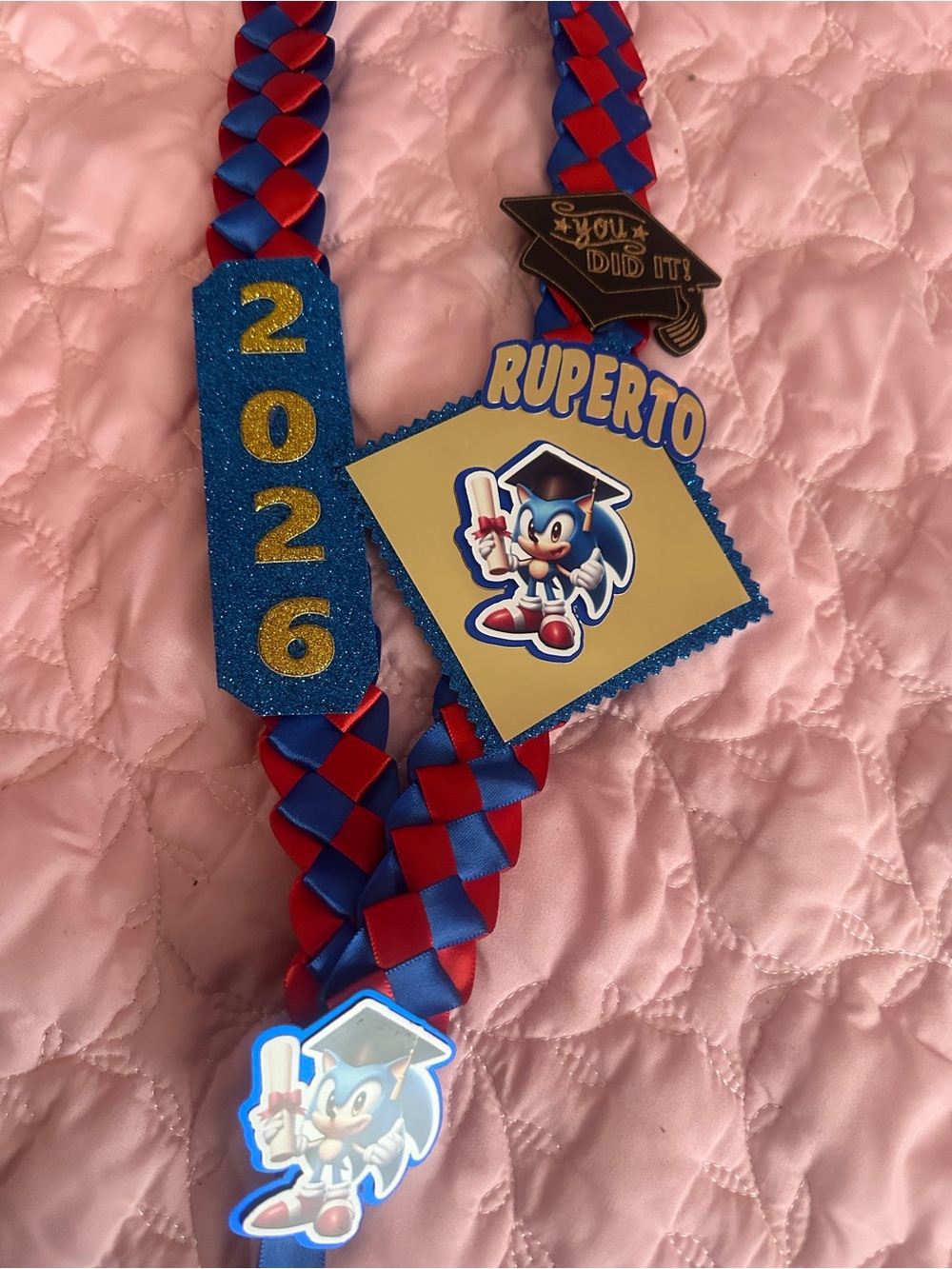 Custom Graduation Lei with Sonic Theme - Red & Bluekids lei